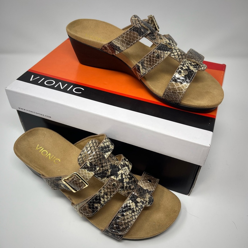 VIONIC Park Radia Wedge Slides Sandals Shoes Natural Snake Sz 7 Wide NEW